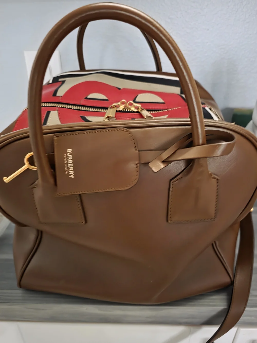 BURBERRY Designer Brown Leather Tote with Red Accent Front Panel